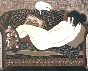 Nude on Sofa with little white Cat